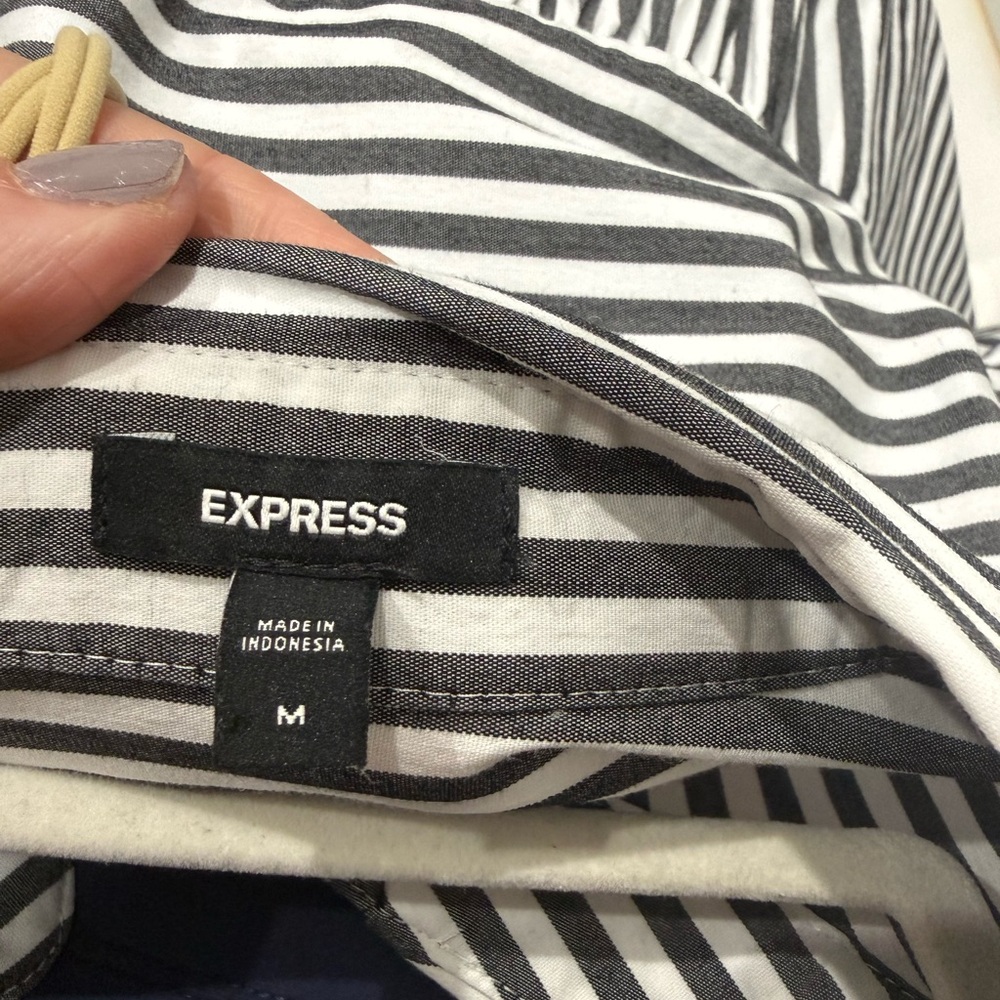 Express Black and White Vertical-Striped Mini Shirt Dress - Picture 11 of 12
